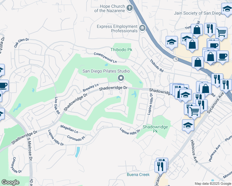 map of restaurants, bars, coffee shops, grocery stores, and more near 1059 Shadowridge Drive in Vista