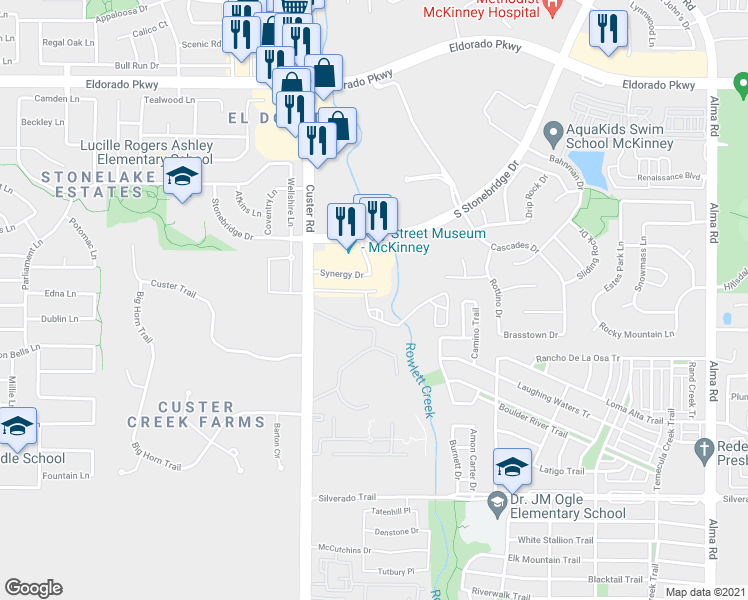 map of restaurants, bars, coffee shops, grocery stores, and more near 3701 South Custer Road in McKinney