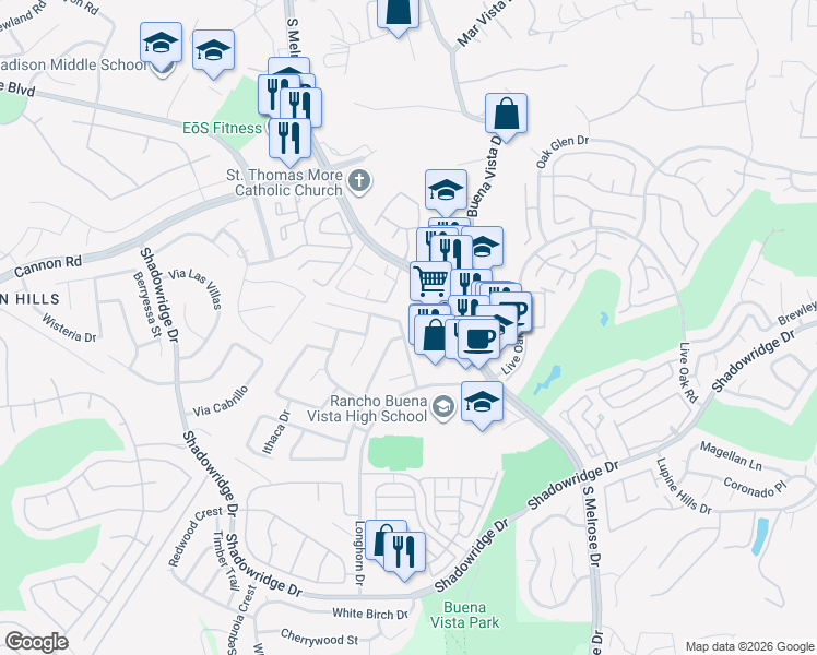 map of restaurants, bars, coffee shops, grocery stores, and more near 1610 Promontory Ridge Way in Vista