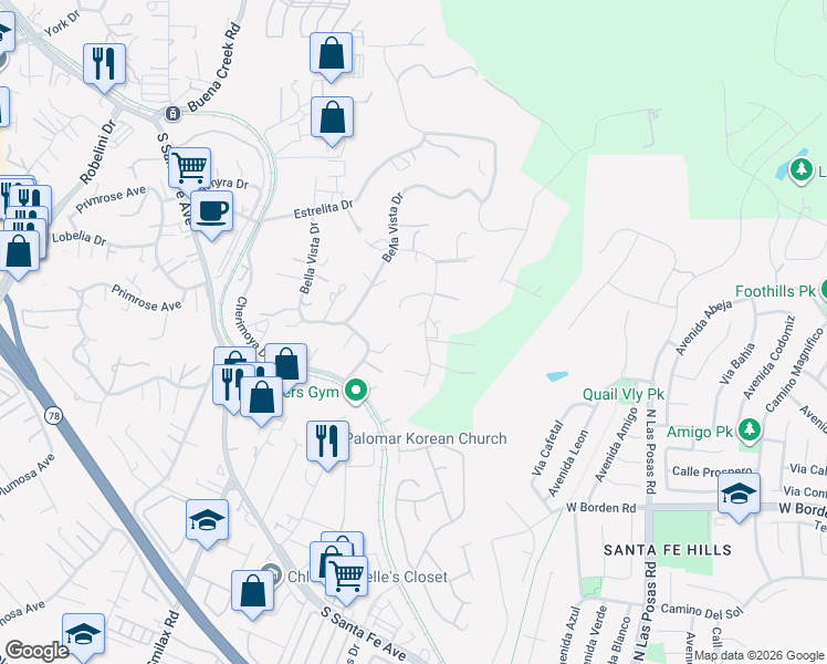 map of restaurants, bars, coffee shops, grocery stores, and more near 2335 Mira Sol Drive in Vista