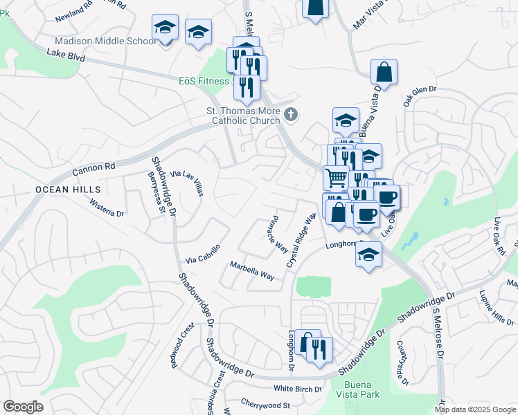 map of restaurants, bars, coffee shops, grocery stores, and more near 3627 Via Bernardo in Oceanside