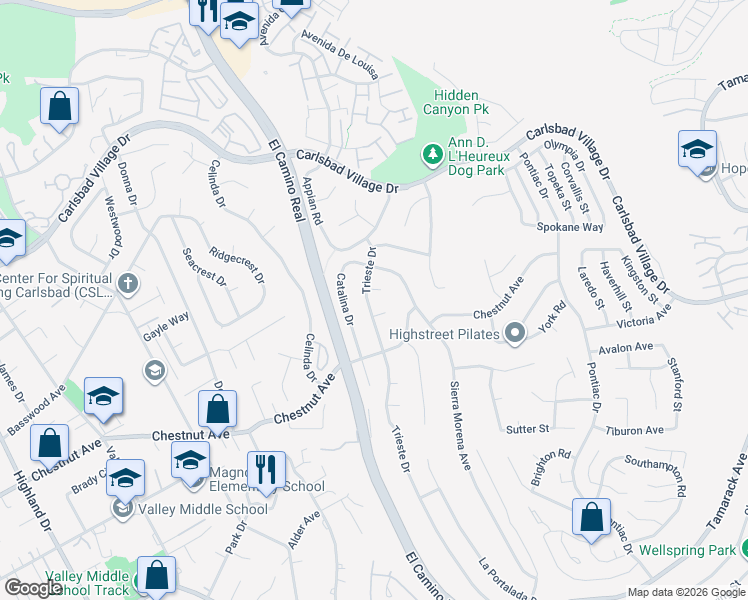 map of restaurants, bars, coffee shops, grocery stores, and more near 2430 Mark Circle in Carlsbad