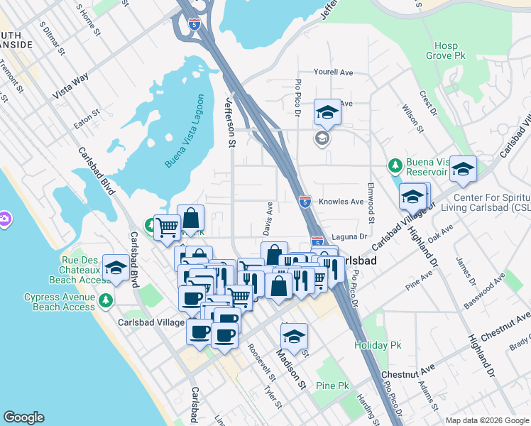 map of restaurants, bars, coffee shops, grocery stores, and more near 2624 Davis Avenue in Carlsbad