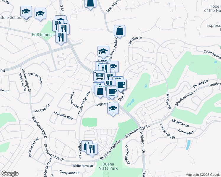 map of restaurants, bars, coffee shops, grocery stores, and more near 1668 South Melrose Drive in Vista