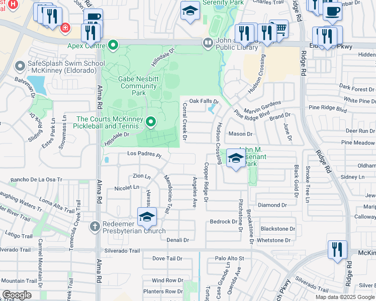 map of restaurants, bars, coffee shops, grocery stores, and more near 6812 Humboldt Place in McKinney