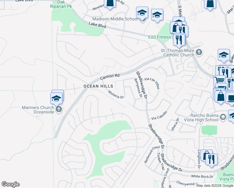 map of restaurants, bars, coffee shops, grocery stores, and more near 5146 Wisteria Drive in Oceanside