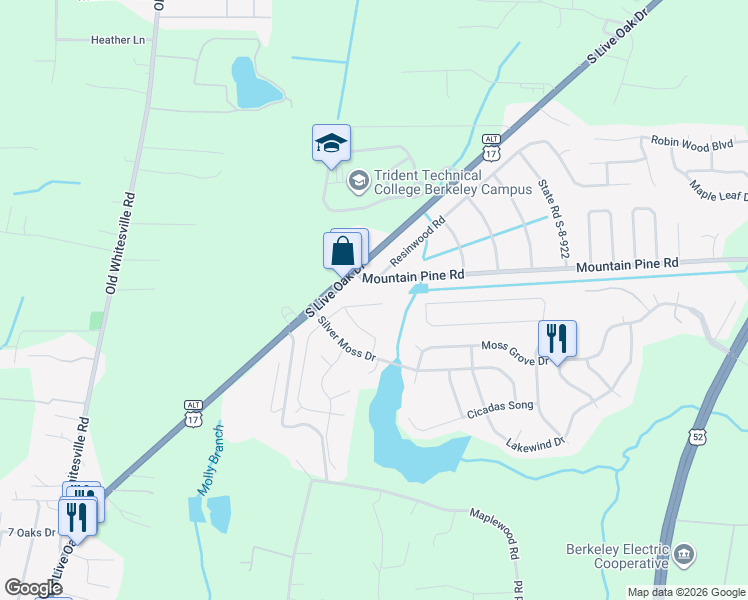 map of restaurants, bars, coffee shops, grocery stores, and more near 135 Lakestone Road in Moncks Corner