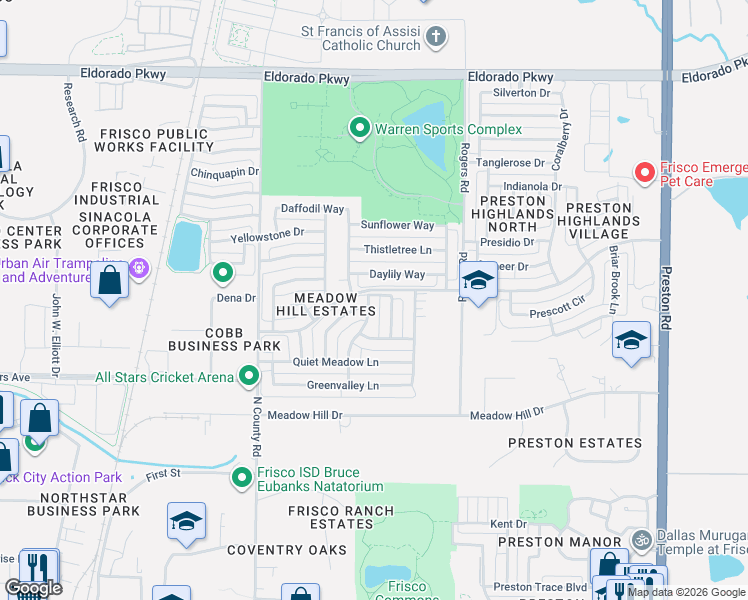 map of restaurants, bars, coffee shops, grocery stores, and more near 10664 Enchanted Meadow Drive in Frisco