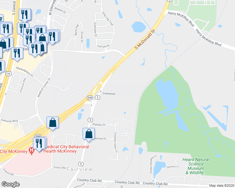 map of restaurants, bars, coffee shops, grocery stores, and more near Crestwood in McKinney