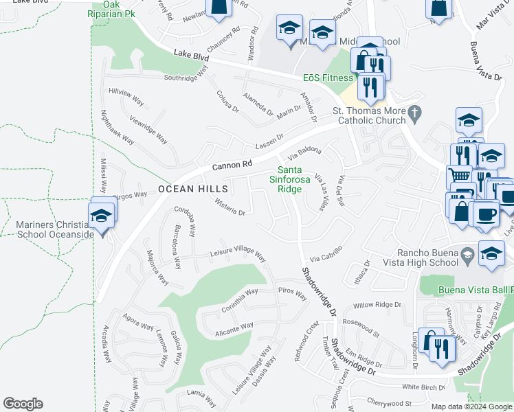 map of restaurants, bars, coffee shops, grocery stores, and more near 5187 Mertensia Street in Oceanside