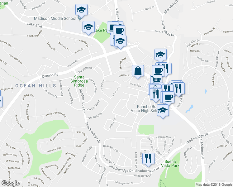 map of restaurants, bars, coffee shops, grocery stores, and more near 3627 Via Bernardo in Oceanside