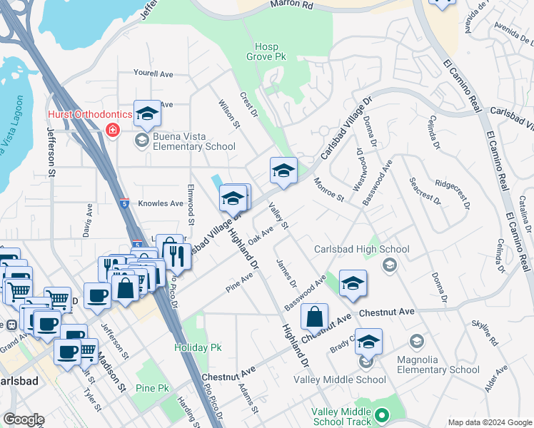 map of restaurants, bars, coffee shops, grocery stores, and more near 1671 James Drive in Carlsbad
