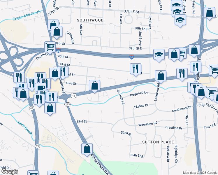 map of restaurants, bars, coffee shops, grocery stores, and more near U.S. 11 in Tuscaloosa