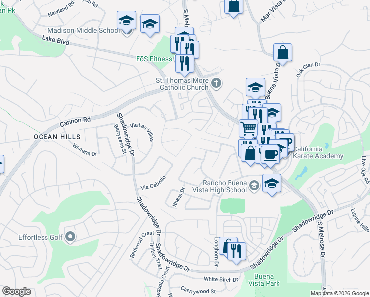 map of restaurants, bars, coffee shops, grocery stores, and more near 3627 Via Bernardo in Oceanside