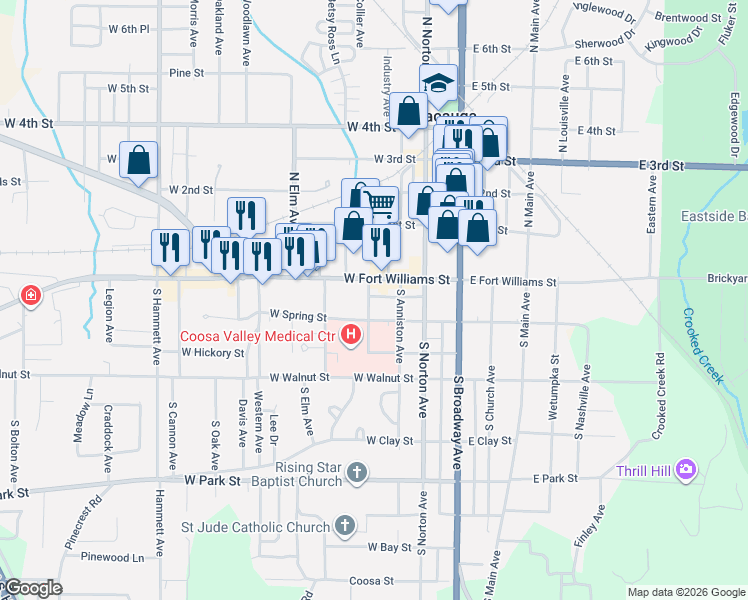 map of restaurants, bars, coffee shops, grocery stores, and more near 10 South Douglas Avenue in Sylacauga