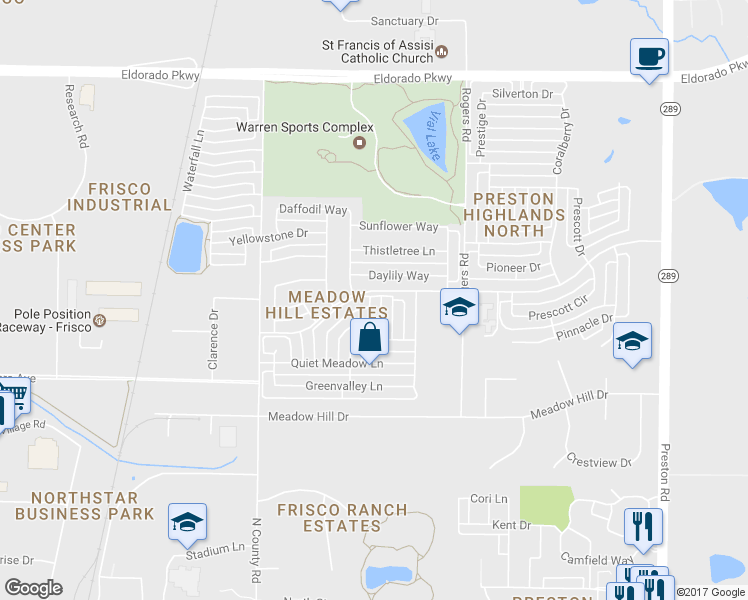 map of restaurants, bars, coffee shops, grocery stores, and more near 10664 Enchanted Meadow Drive in Frisco