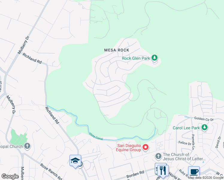map of restaurants, bars, coffee shops, grocery stores, and more near 2415 Starlight Glen in Escondido
