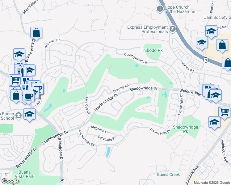 map of restaurants, bars, coffee shops, grocery stores, and more near 1213 Brewley Lane in Vista
