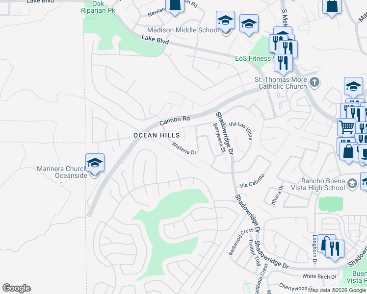 map of restaurants, bars, coffee shops, grocery stores, and more near 5146 Wisteria Drive in Oceanside