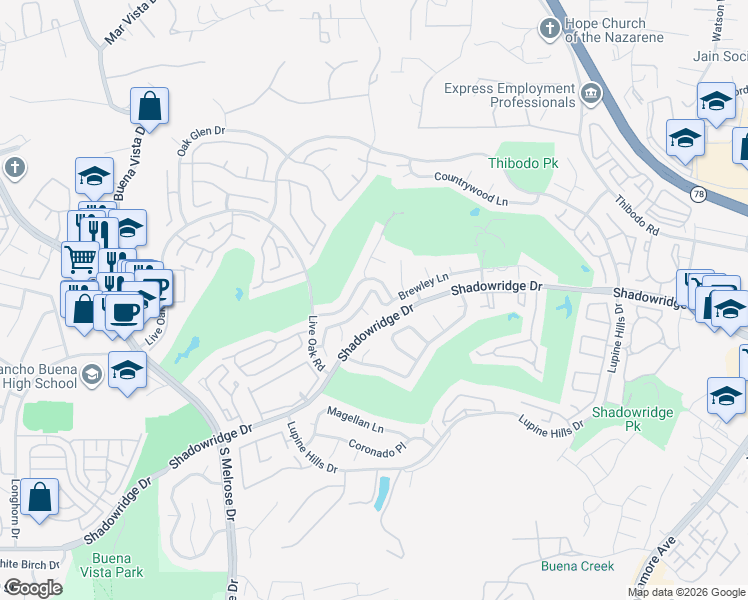 map of restaurants, bars, coffee shops, grocery stores, and more near 1283 Longfellow Road in Vista