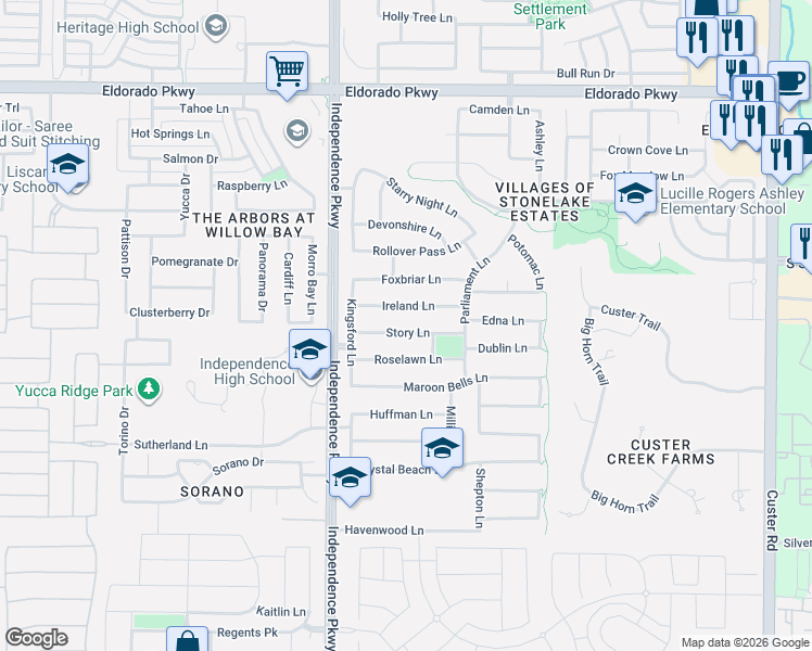 map of restaurants, bars, coffee shops, grocery stores, and more near 14864 Story Lane in Frisco