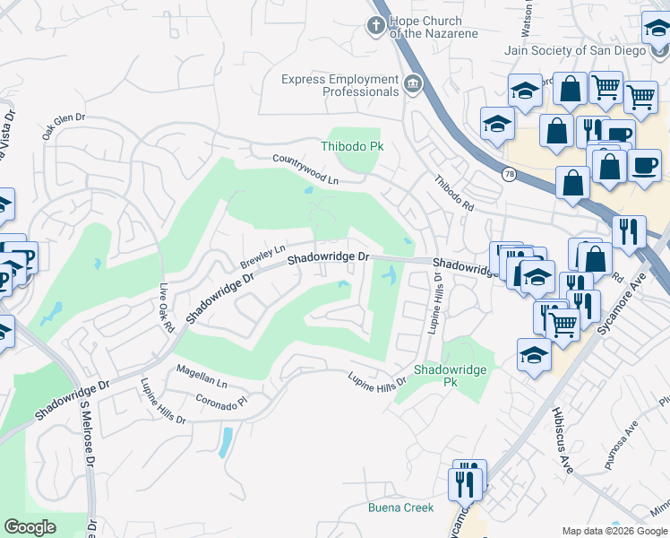 map of restaurants, bars, coffee shops, grocery stores, and more near 1067 Shadowridge Drive in Vista