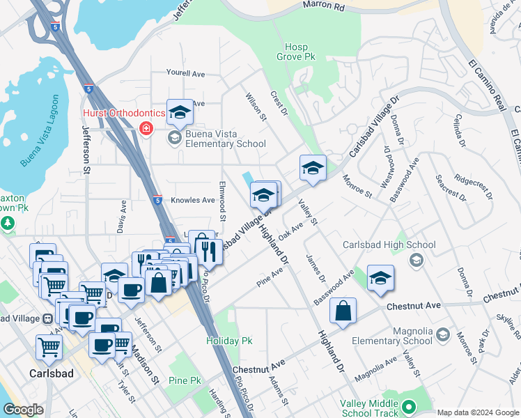 map of restaurants, bars, coffee shops, grocery stores, and more near 1254 Newland Court in Carlsbad