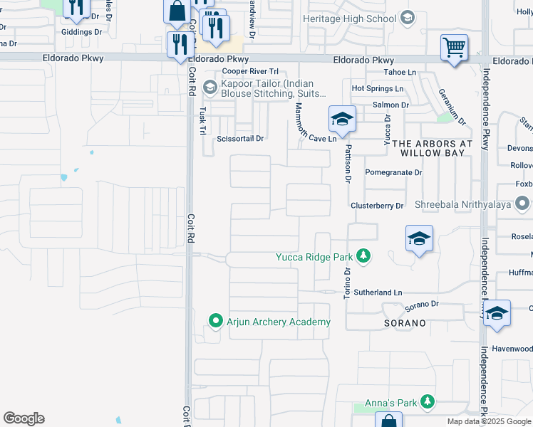 map of restaurants, bars, coffee shops, grocery stores, and more near 13174 Bold Forbes Street in Frisco
