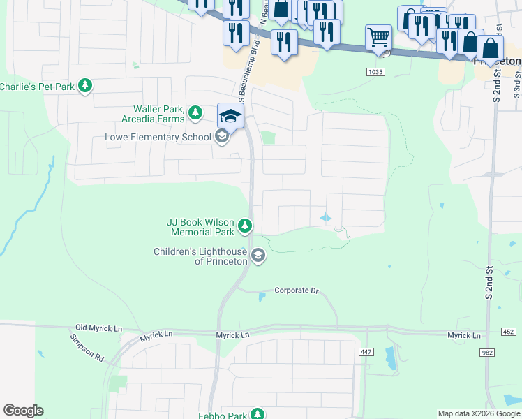 map of restaurants, bars, coffee shops, grocery stores, and more near 629 Cedar Springs Drive in Princeton