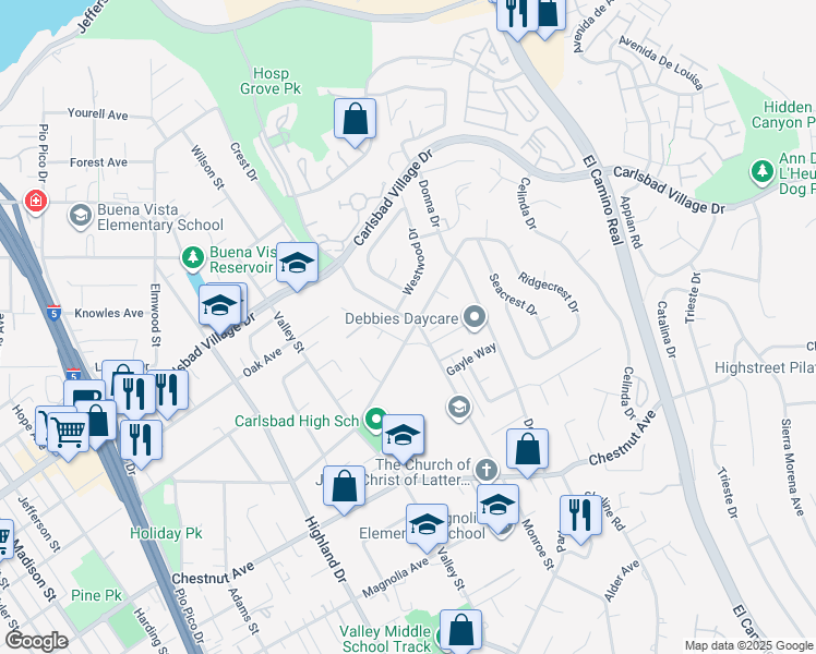 map of restaurants, bars, coffee shops, grocery stores, and more near 3285 Monroe Street in Carlsbad