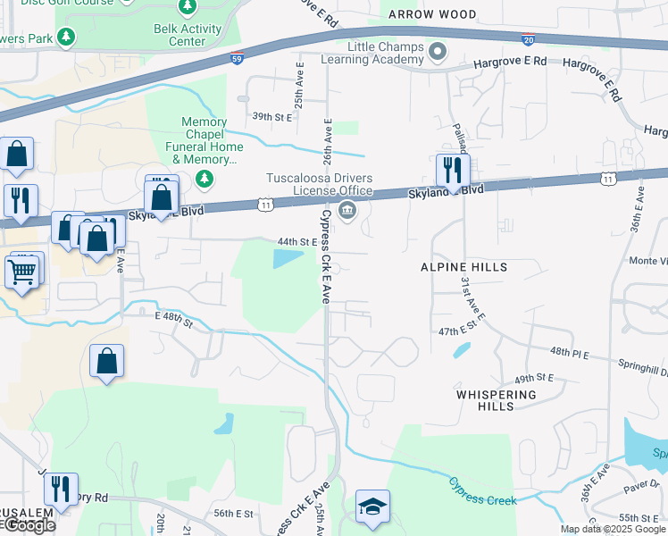 map of restaurants, bars, coffee shops, grocery stores, and more near 4501 Cypress Creek Avenue East in Tuscaloosa