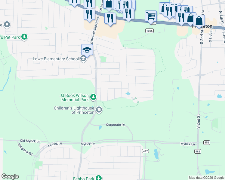 map of restaurants, bars, coffee shops, grocery stores, and more near 620 Hidden Cove Drive in Princeton