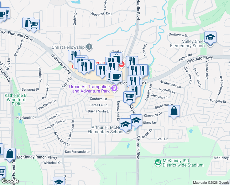 map of restaurants, bars, coffee shops, grocery stores, and more near 3150 Hardin Boulevard in McKinney