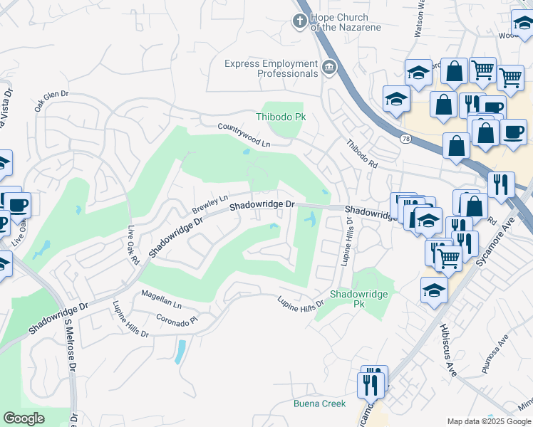 map of restaurants, bars, coffee shops, grocery stores, and more near 1079 Shadowridge Drive in Vista