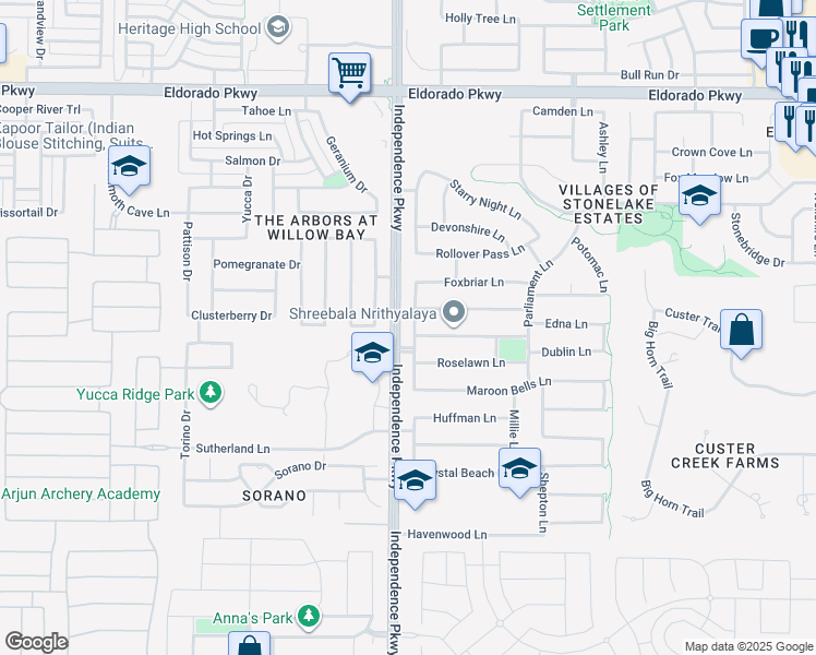 map of restaurants, bars, coffee shops, grocery stores, and more near 10817 Kingsford Lane in Frisco