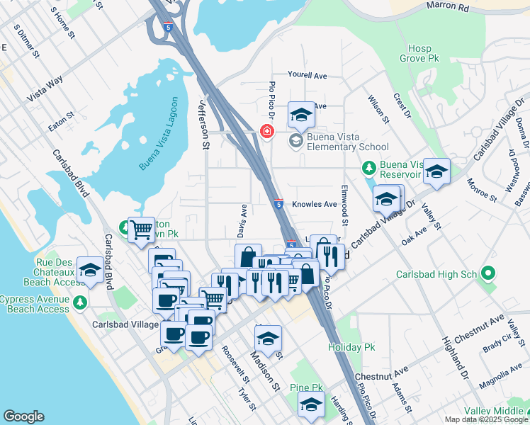 map of restaurants, bars, coffee shops, grocery stores, and more near 1092 Laguna Drive in Carlsbad