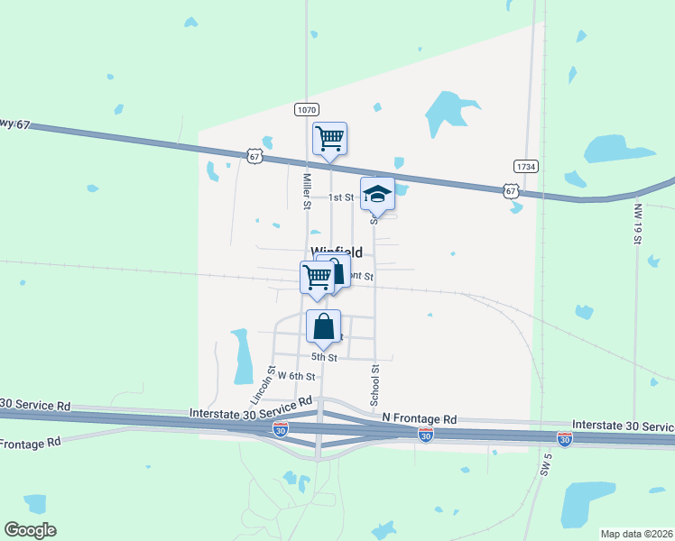 map of restaurants, bars, coffee shops, grocery stores, and more near 101 East Front Street in Winfield
