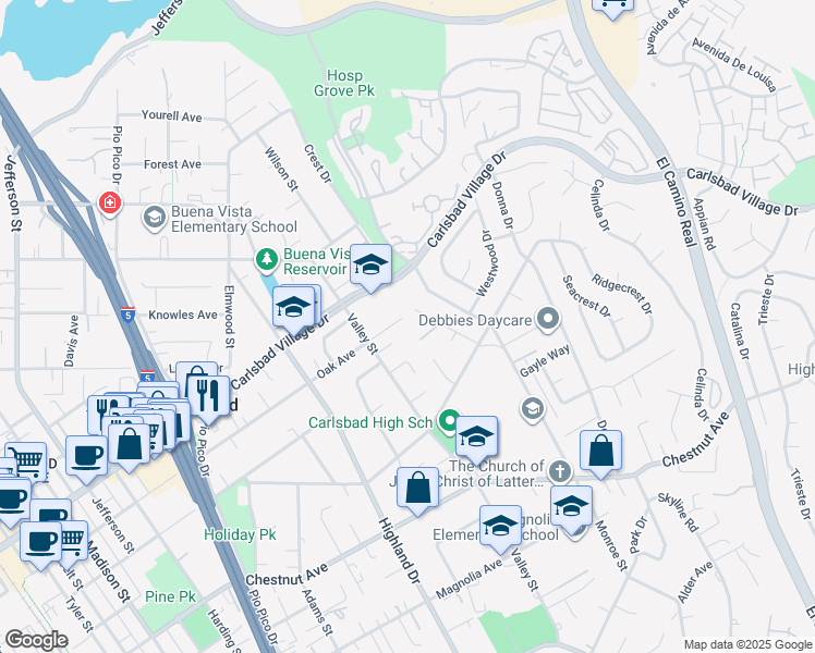 map of restaurants, bars, coffee shops, grocery stores, and more near 1811 Oak Avenue in Carlsbad