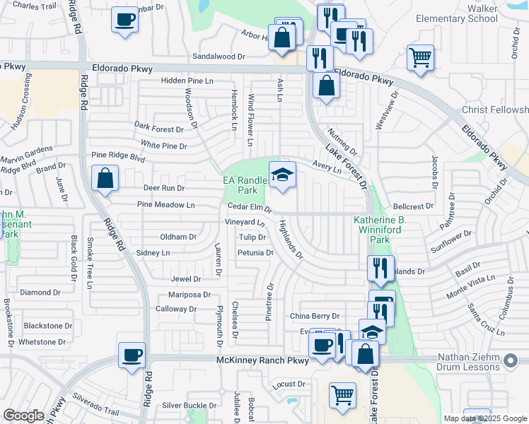 map of restaurants, bars, coffee shops, grocery stores, and more near 5417 Cedar Elm Drive in McKinney