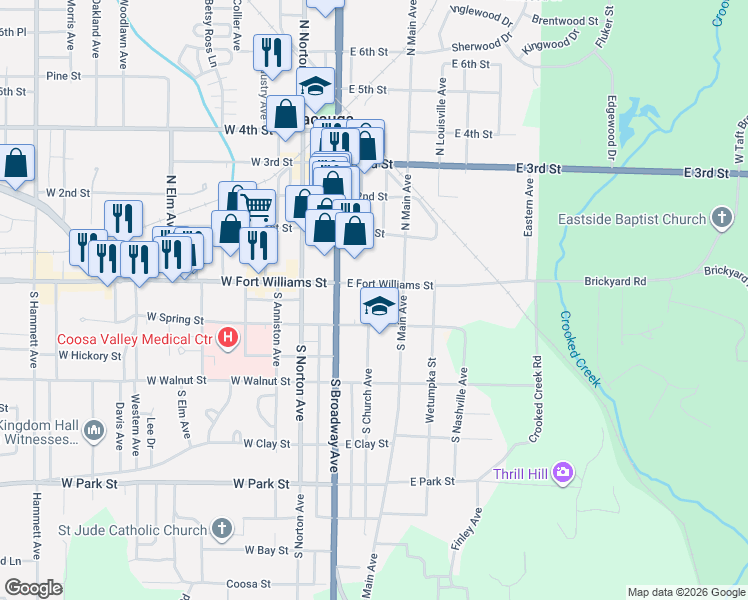 map of restaurants, bars, coffee shops, grocery stores, and more near 4a South Church Avenue in Sylacauga