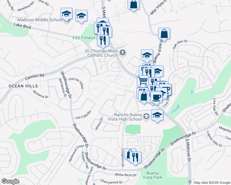 map of restaurants, bars, coffee shops, grocery stores, and more near 1526 Enchantment Way in Vista