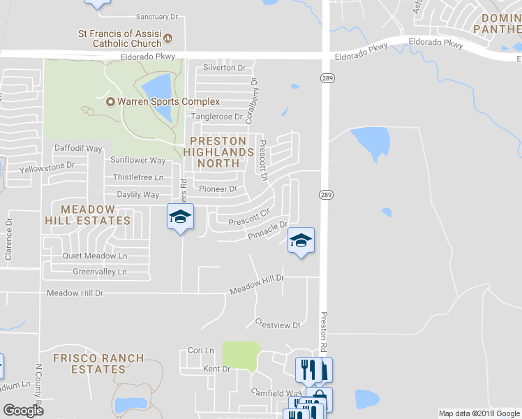 map of restaurants, bars, coffee shops, grocery stores, and more near 8600 Prescott Circle in Frisco