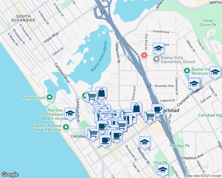 map of restaurants, bars, coffee shops, grocery stores, and more near 2627 Kremeyer Circle in Carlsbad
