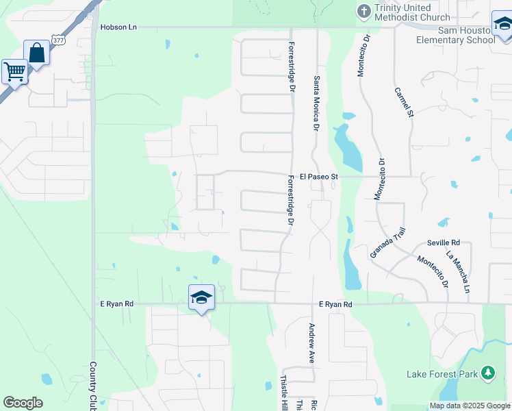 map of restaurants, bars, coffee shops, grocery stores, and more near 33 Oak Forrest Circle in Denton