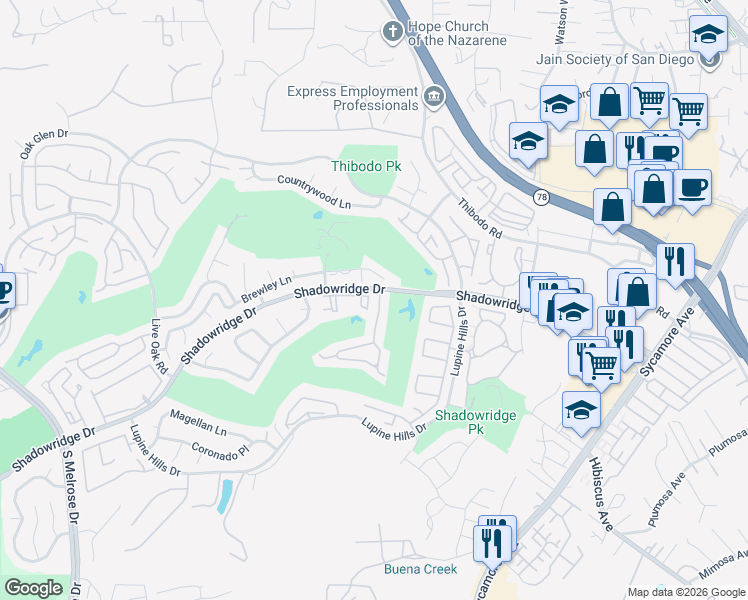 map of restaurants, bars, coffee shops, grocery stores, and more near 1059 Shadowridge Drive in Vista