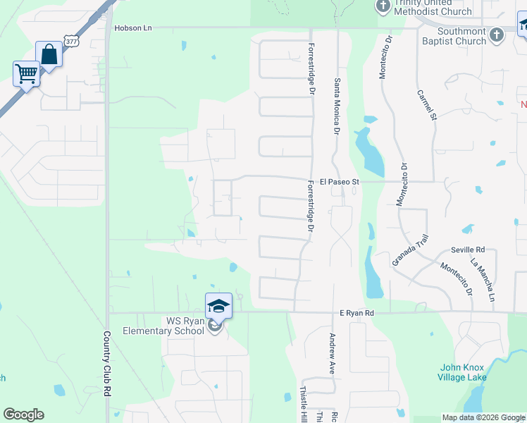 map of restaurants, bars, coffee shops, grocery stores, and more near 29 Oak Forrest Circle in Denton