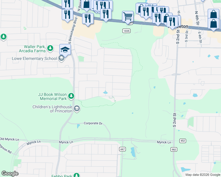 map of restaurants, bars, coffee shops, grocery stores, and more near 624 Shade Tree Way in Princeton