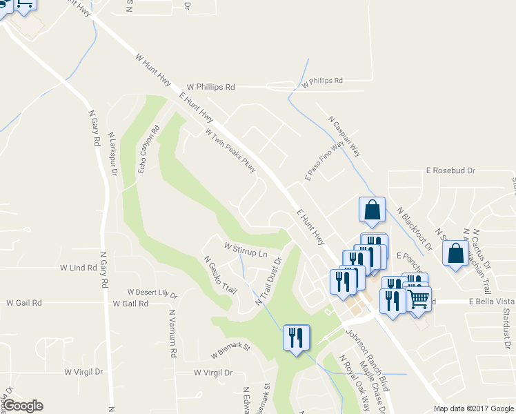 map of restaurants, bars, coffee shops, grocery stores, and more near 31659 Poncho Lane in Queen Creek