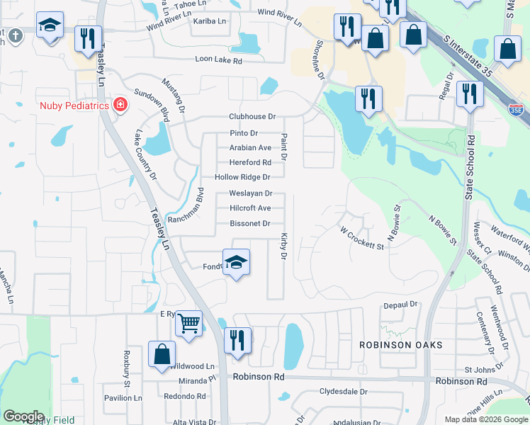 map of restaurants, bars, coffee shops, grocery stores, and more near 2804 Hilcroft Avenue in Denton
