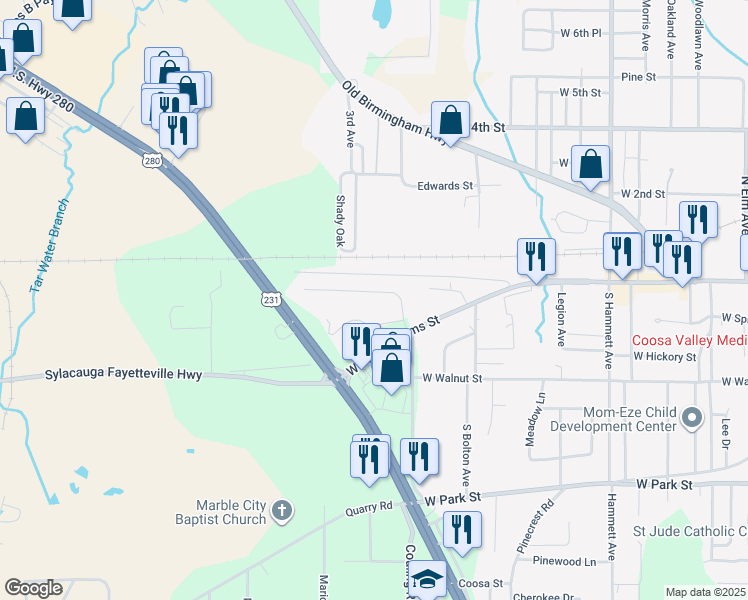 map of restaurants, bars, coffee shops, grocery stores, and more near 1401 Terrace Road in Sylacauga